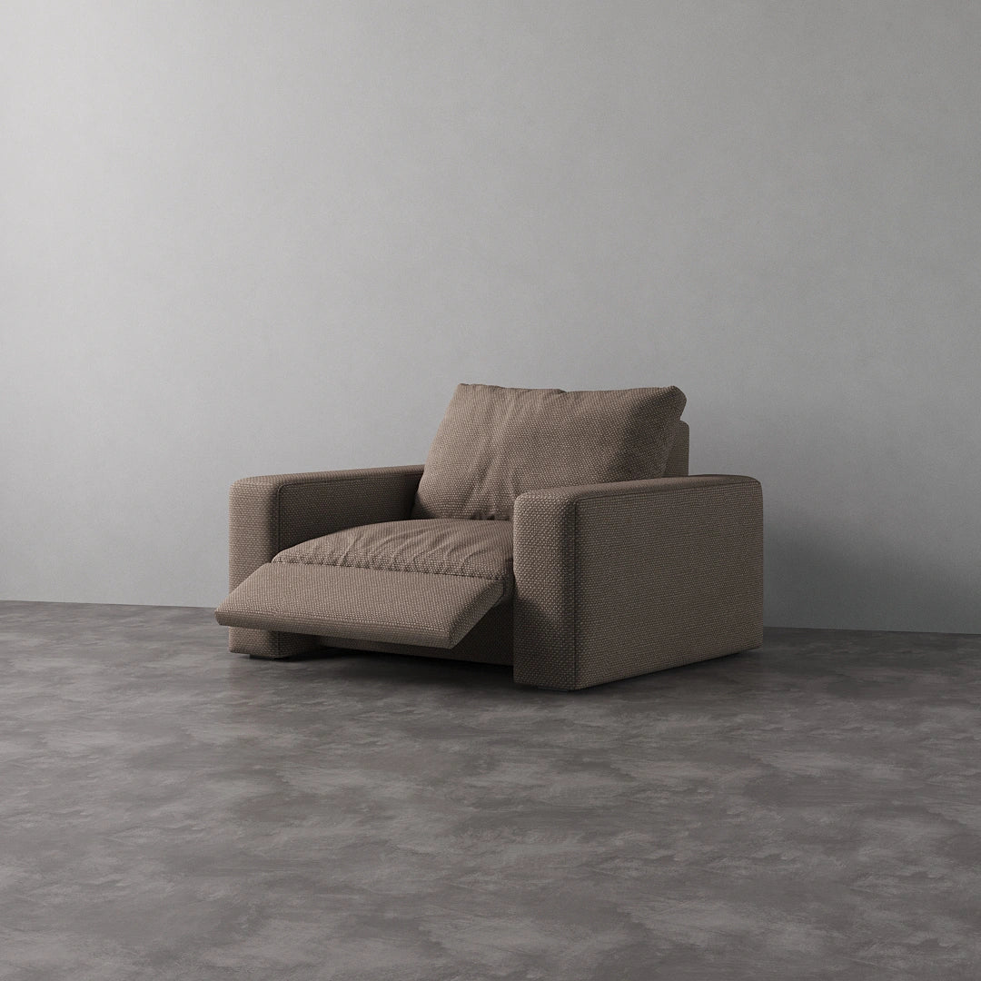 CloudLuxe Recliner with Mocha Brown Linen in extended position, showcasing plush cushioning and modern design.