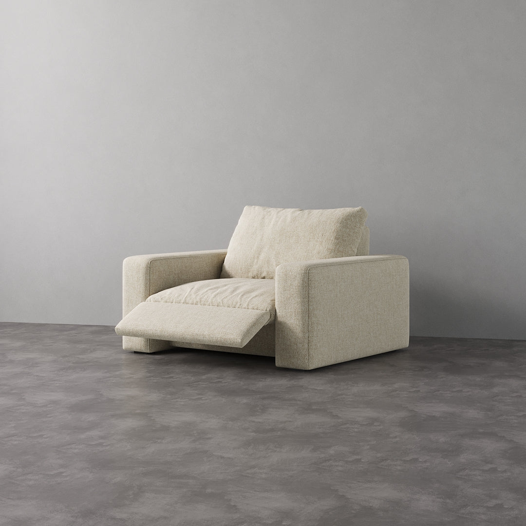 CloudLuxe Recliner with Natural Linen in extended position, showcasing plush cushioning and modern design.