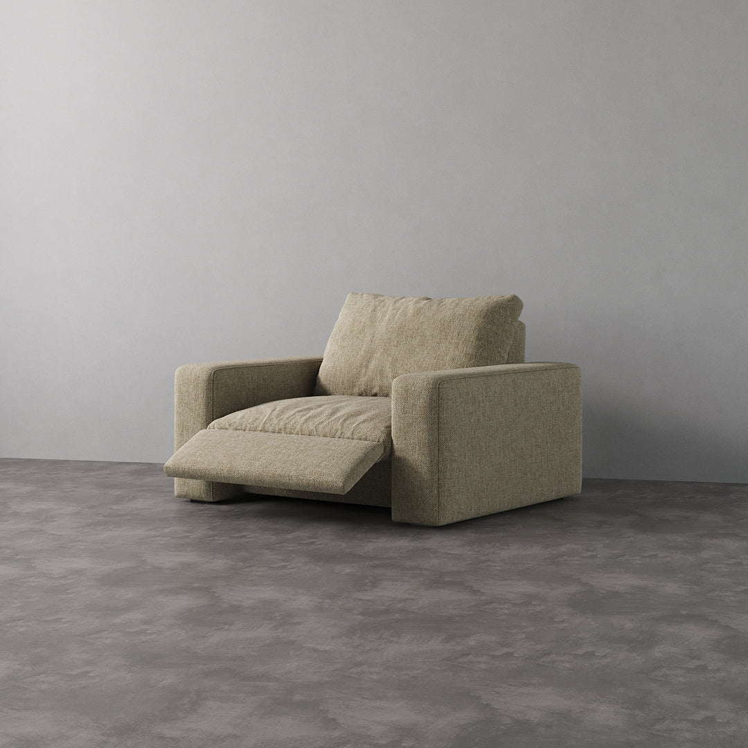 CloudLuxe Recliner with Khaki Linen in extended position, showcasing plush cushioning and modern design.