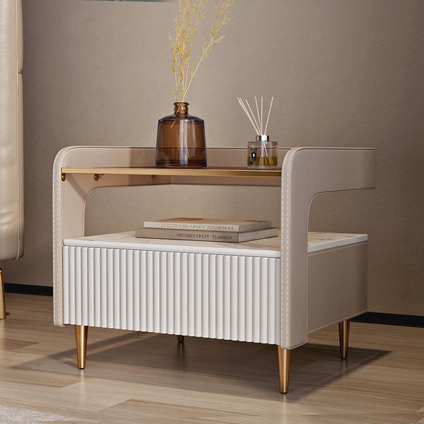 Leather Nightstand Tempered Glass Top with 1 Drawer
