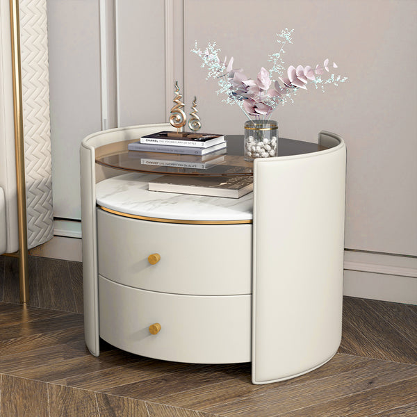 Modern Leather Nightstand, Tempered Glass Top